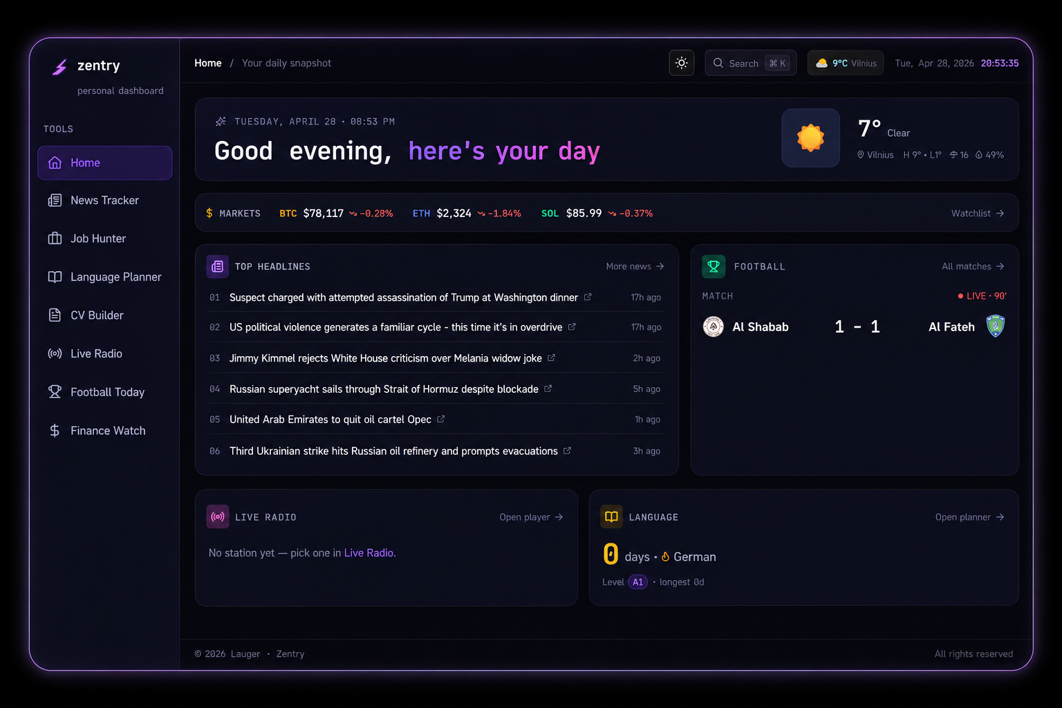 Zentry personal dashboard preview